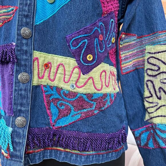 Legacy Denim Patchwork Embroidered Jacket Boho Festival Artsy Small - Picture 5 of 16